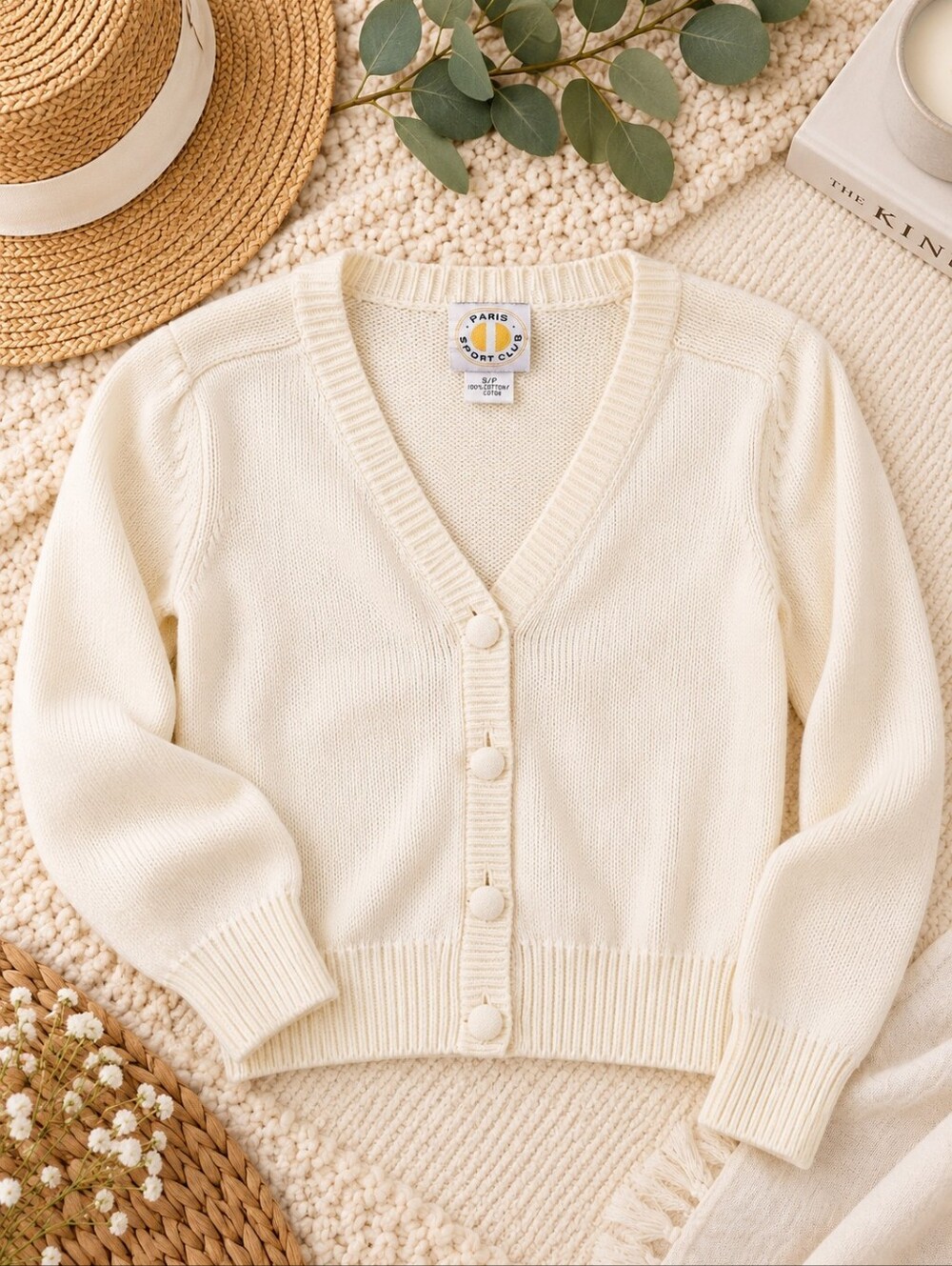 Vintage Paris Sport Club Cream Cotton Cardigan Sweater Small